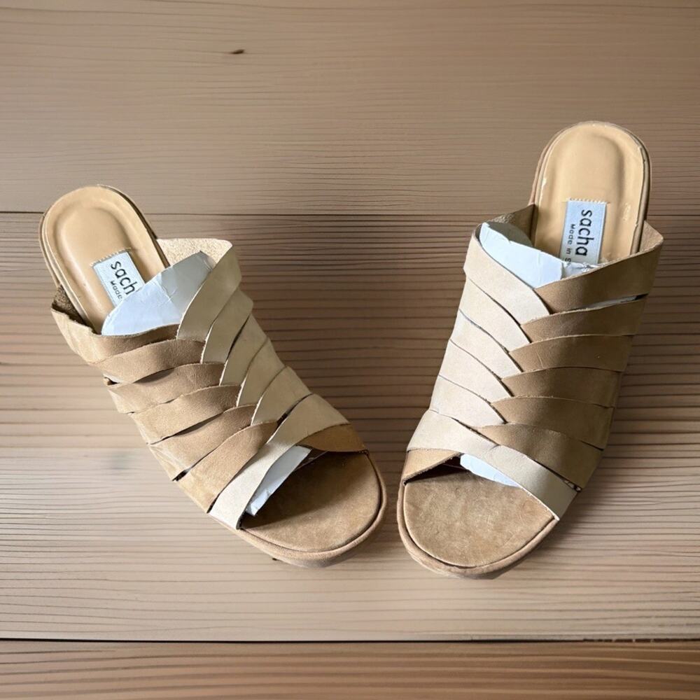 Sacha London Leather Platform Slide Sandals Sz 6 Spain Boho Woven Neutral Shoes